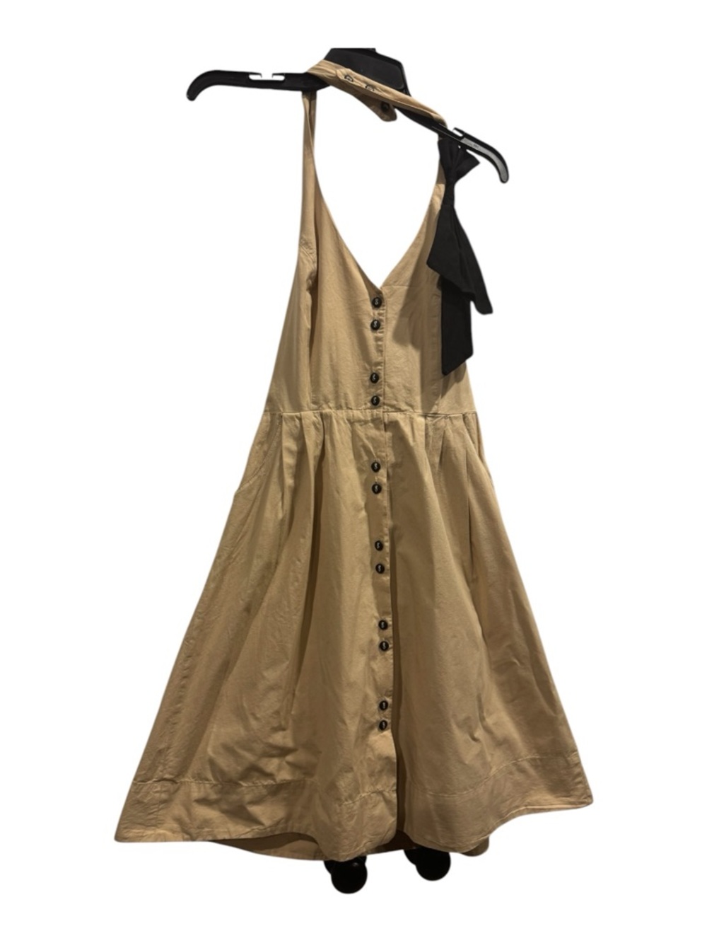 New Anthropologie Tan Button-Front Backless Sundress with Black Neck Tie